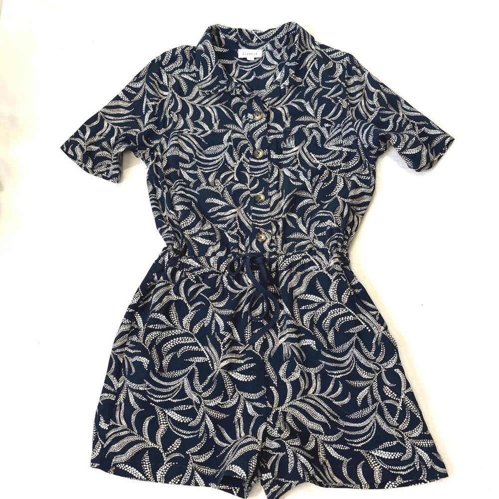 Evereve Ivy Romper Blue Floral Botanical Print Elastic Tie Waist Size Small